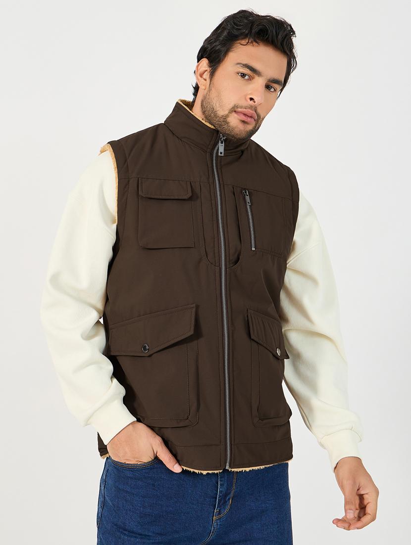 men brown solid sleeveless casual jacket - 21662694 -  Zoom Image - 0