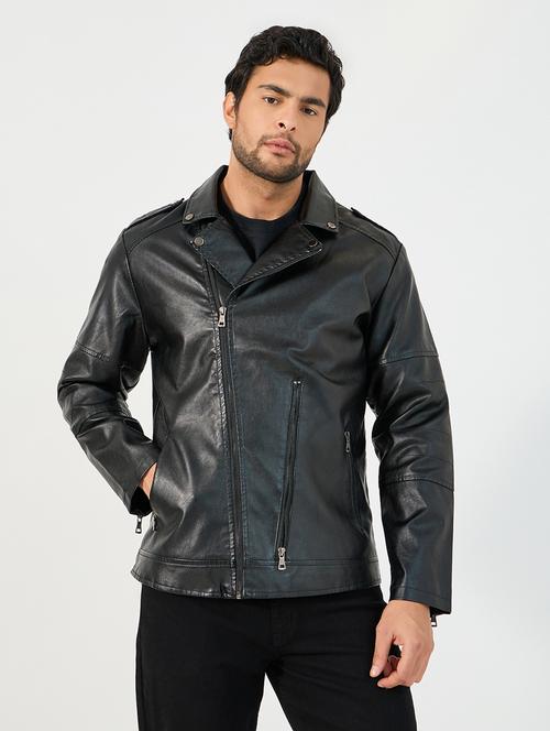 men black solid long sleeve biker jacket - 21662706 -  Standard Image - 0