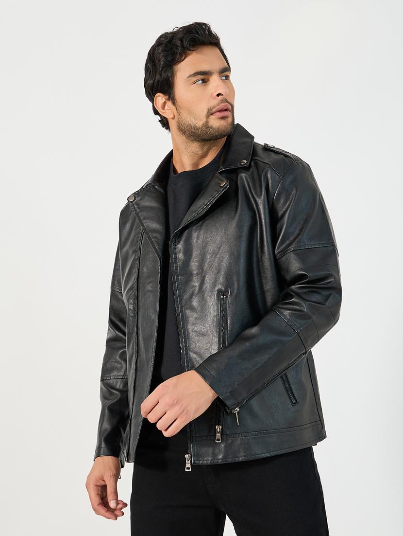 men black solid long sleeve biker jacket - 21662706 -  Standard Image - 1