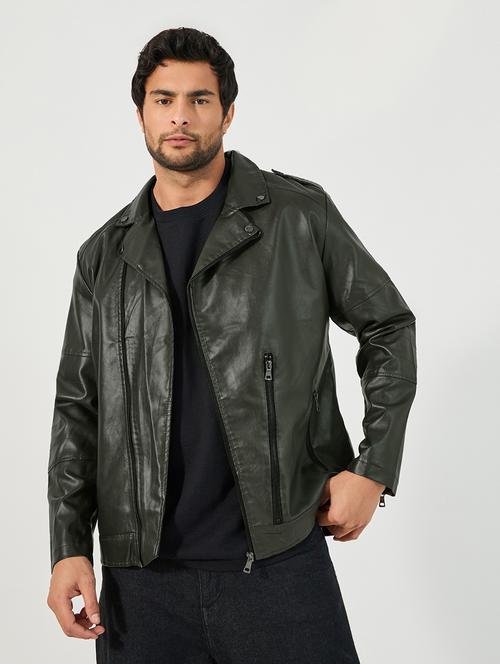 men green solid long sleeve biker jacket - 21662707 -  Standard Image - 0