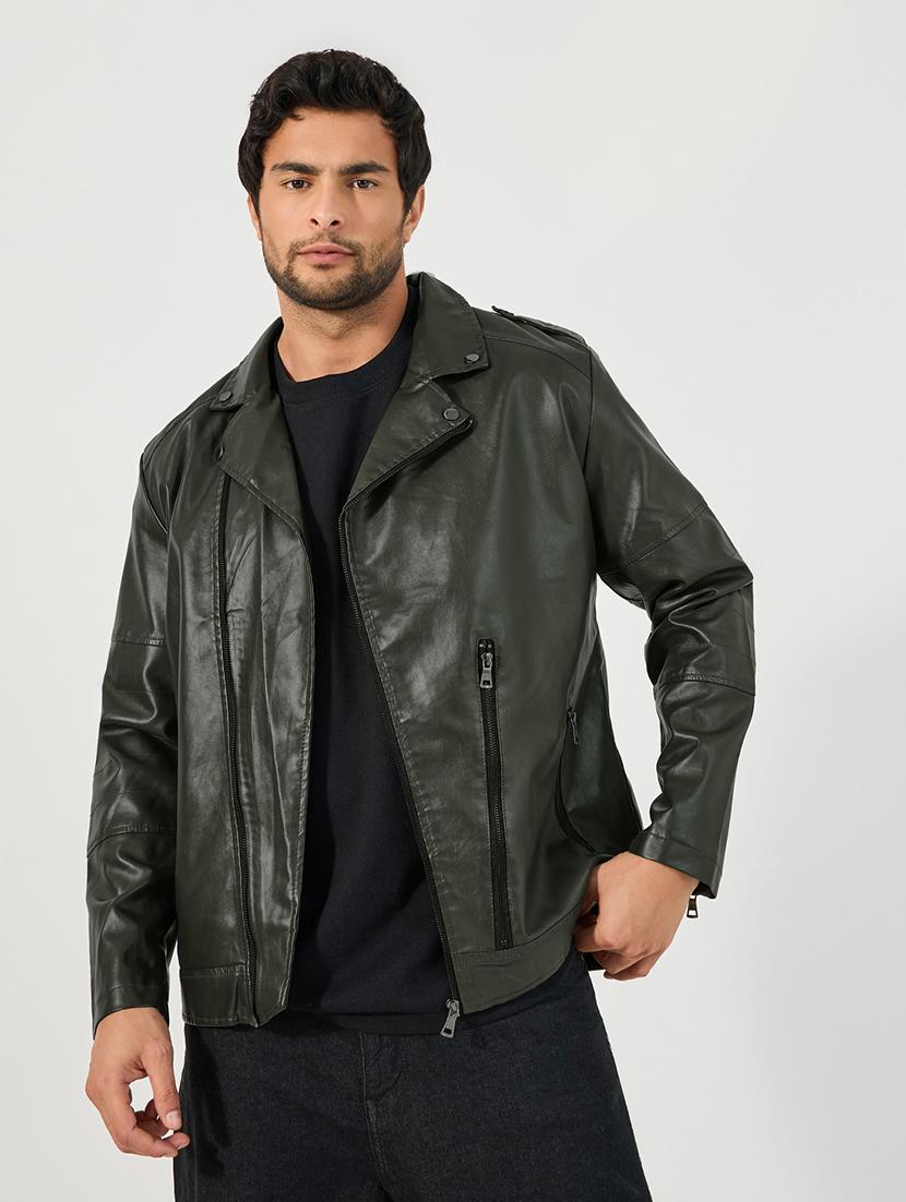 men green solid long sleeve biker jacket - 21662707 -  Zoom Image - 0