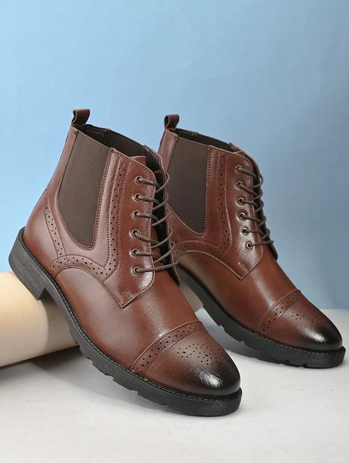 men brown solid lace up boots - 21662726 - Standard Image - 0