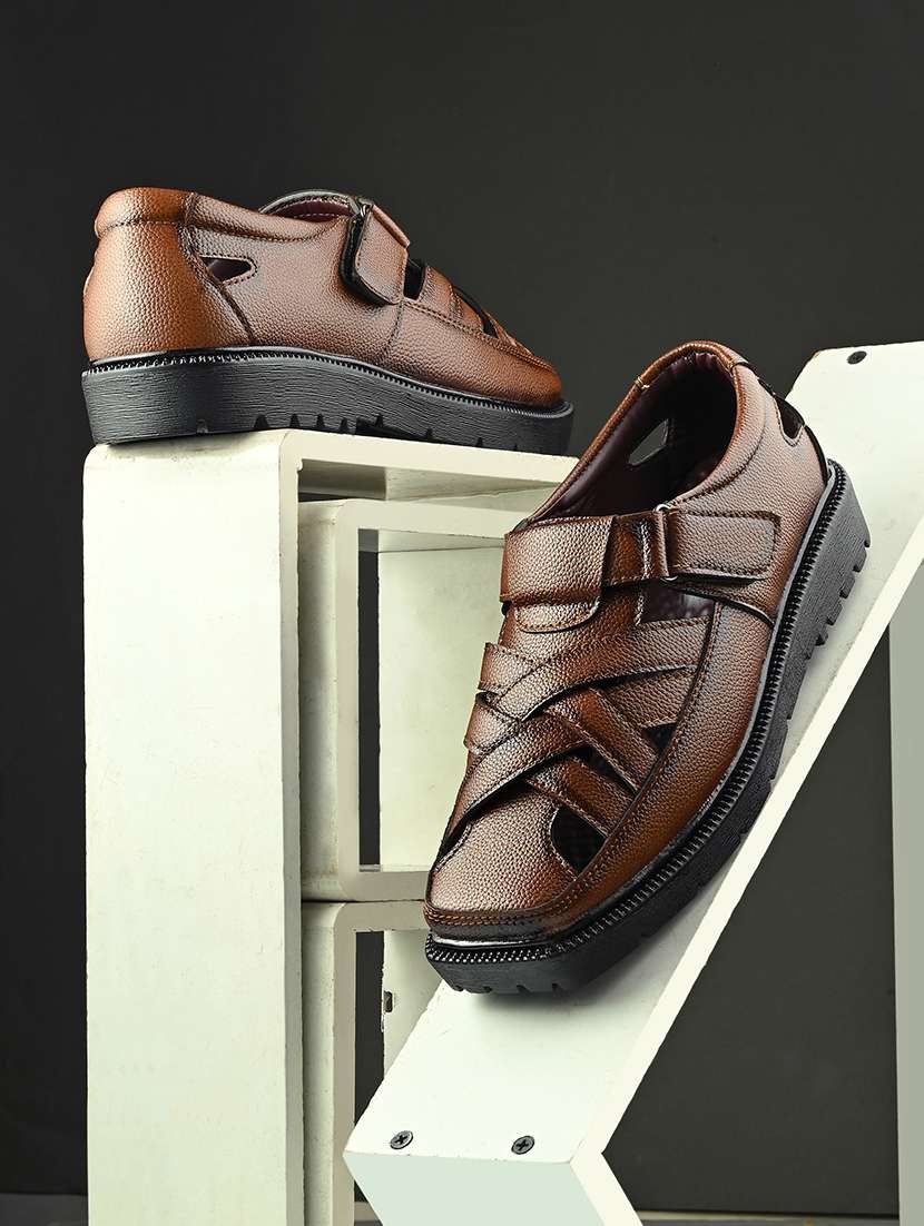 men tan solid slip on sandal