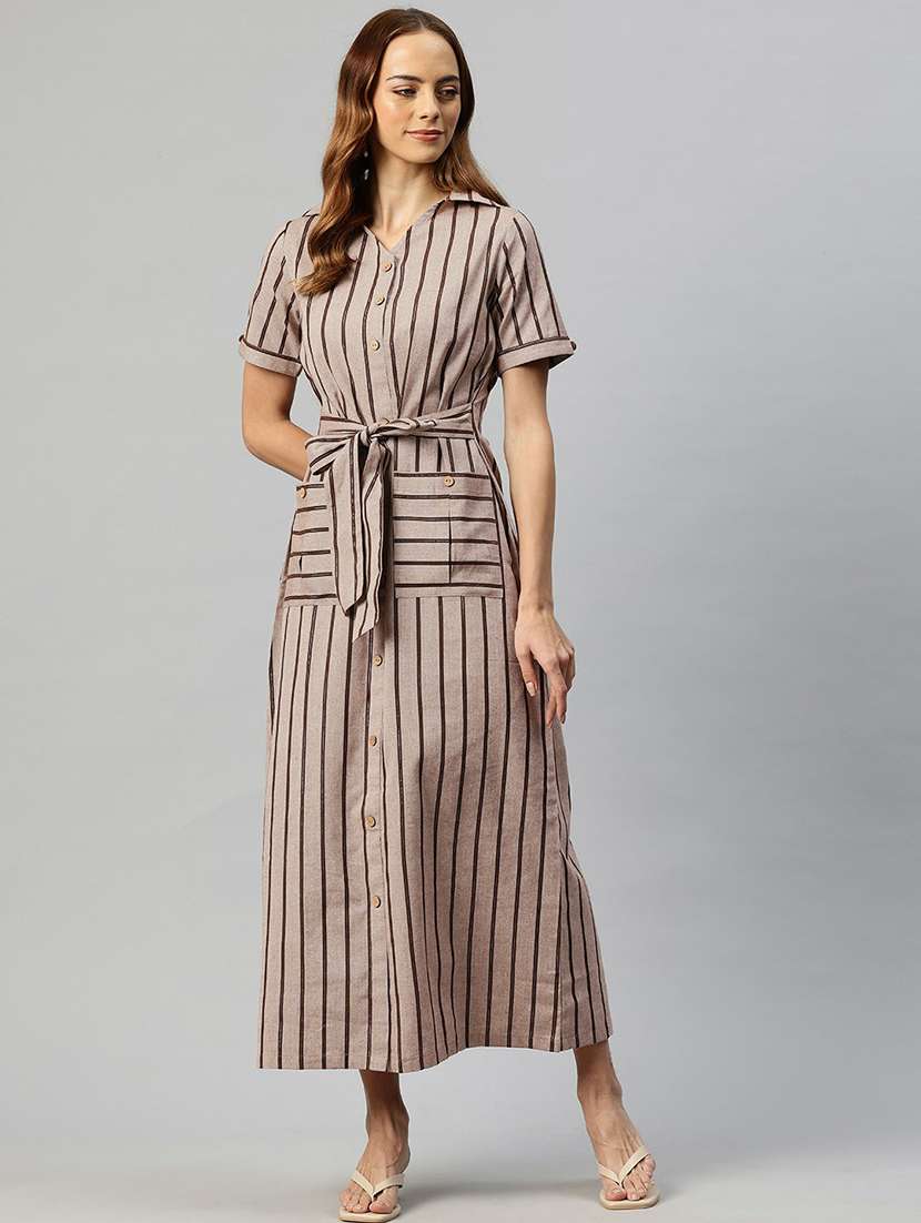 women beige stripes shirt collar neck straight dress