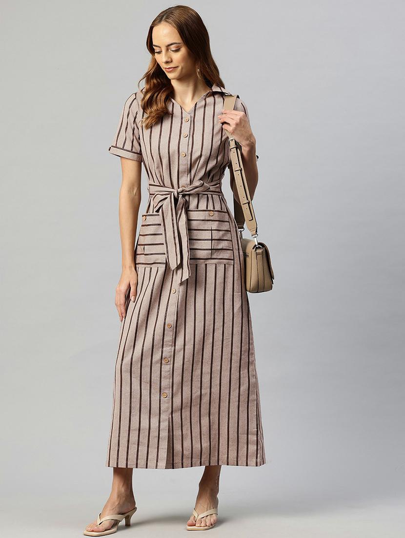 women beige stripes shirt collar neck straight dress - 21663446 - Standard Image - 1