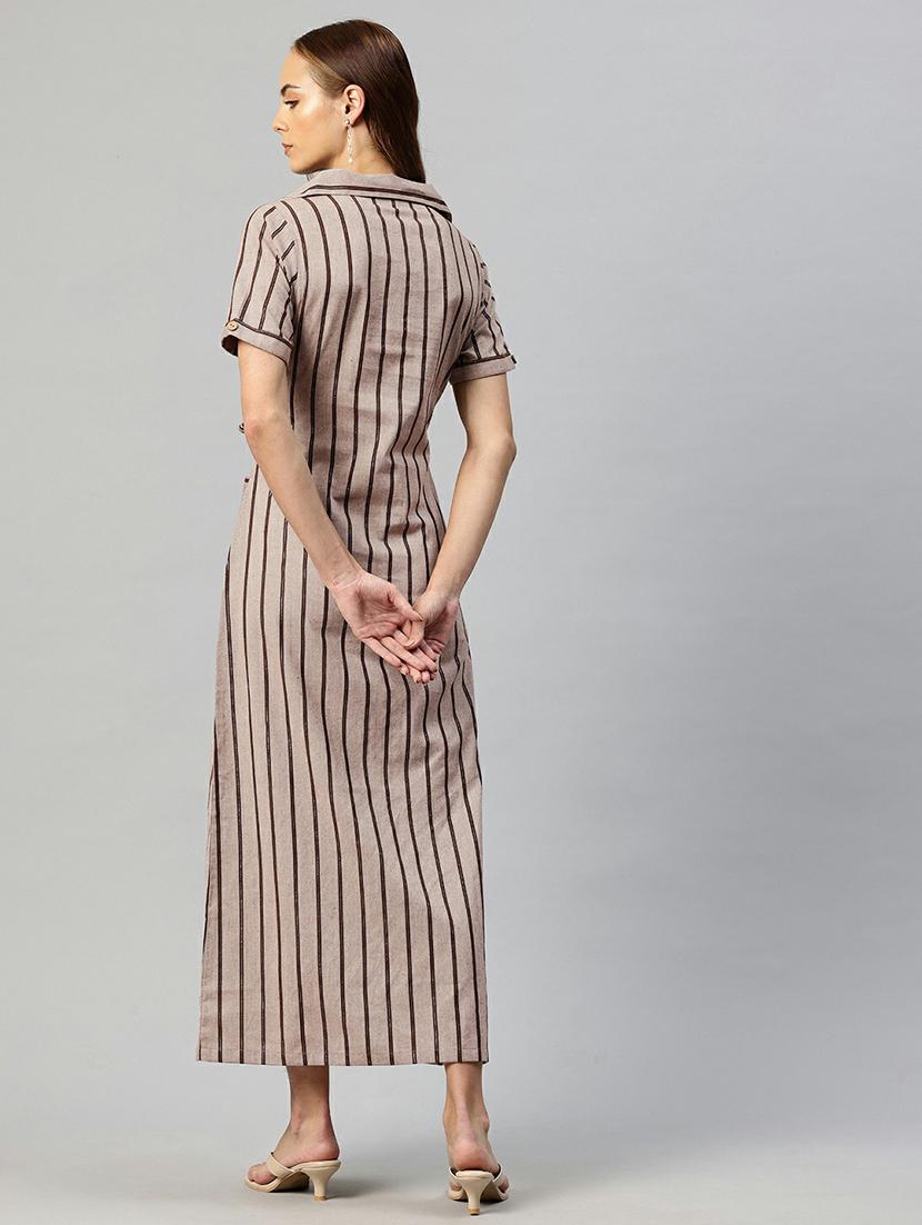 women beige stripes shirt collar neck straight dress - 21663446 - Standard Image - 4