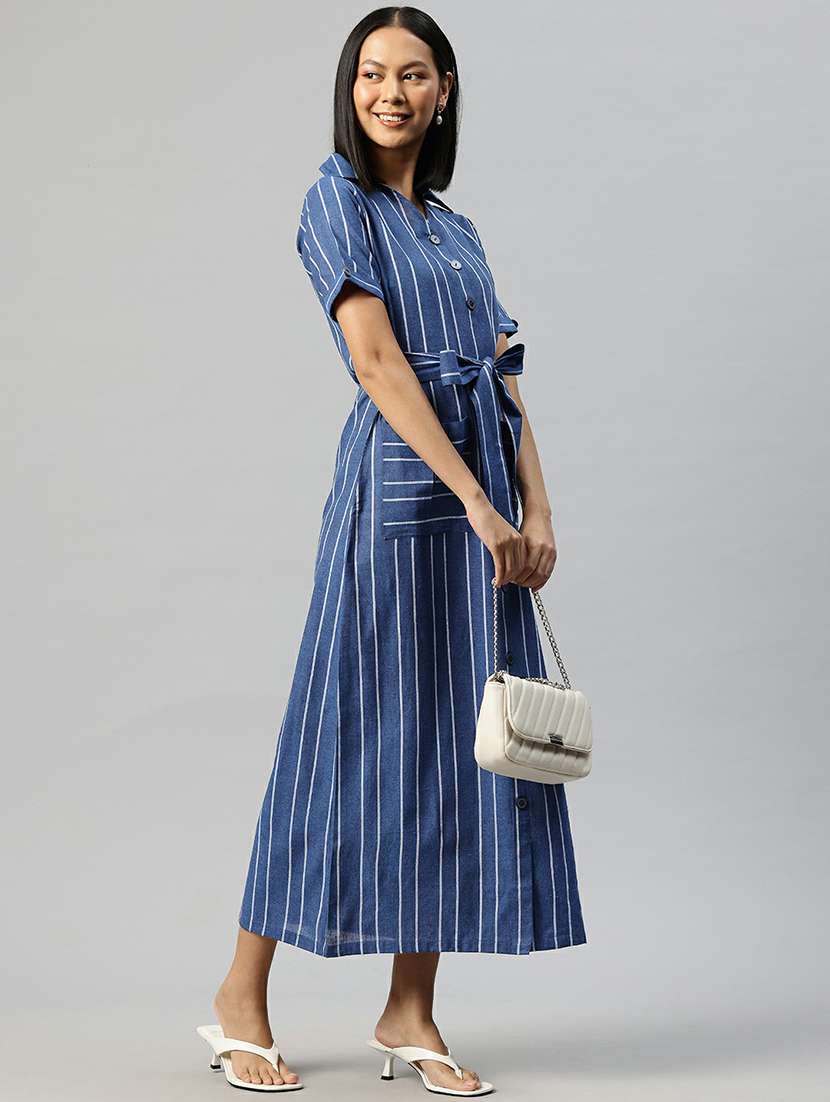 women blue stripes shirt collar neck straight dress - 21663447 -  Standard Image - 1