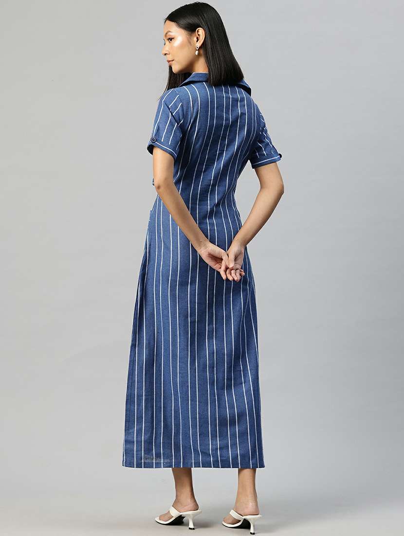 women blue stripes shirt collar neck straight dress - 21663447 -  Standard Image - 4