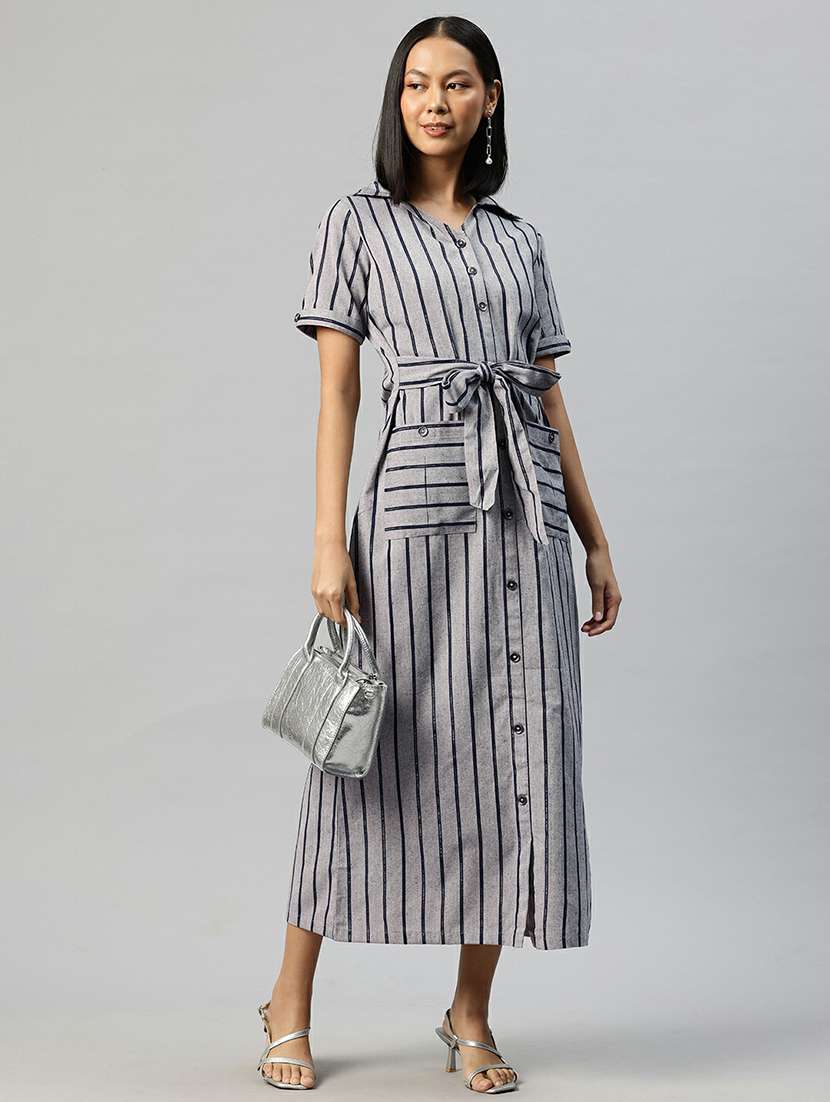 women grey stripes shirt collar neck straight dress - 21663448 -  Standard Image - 1