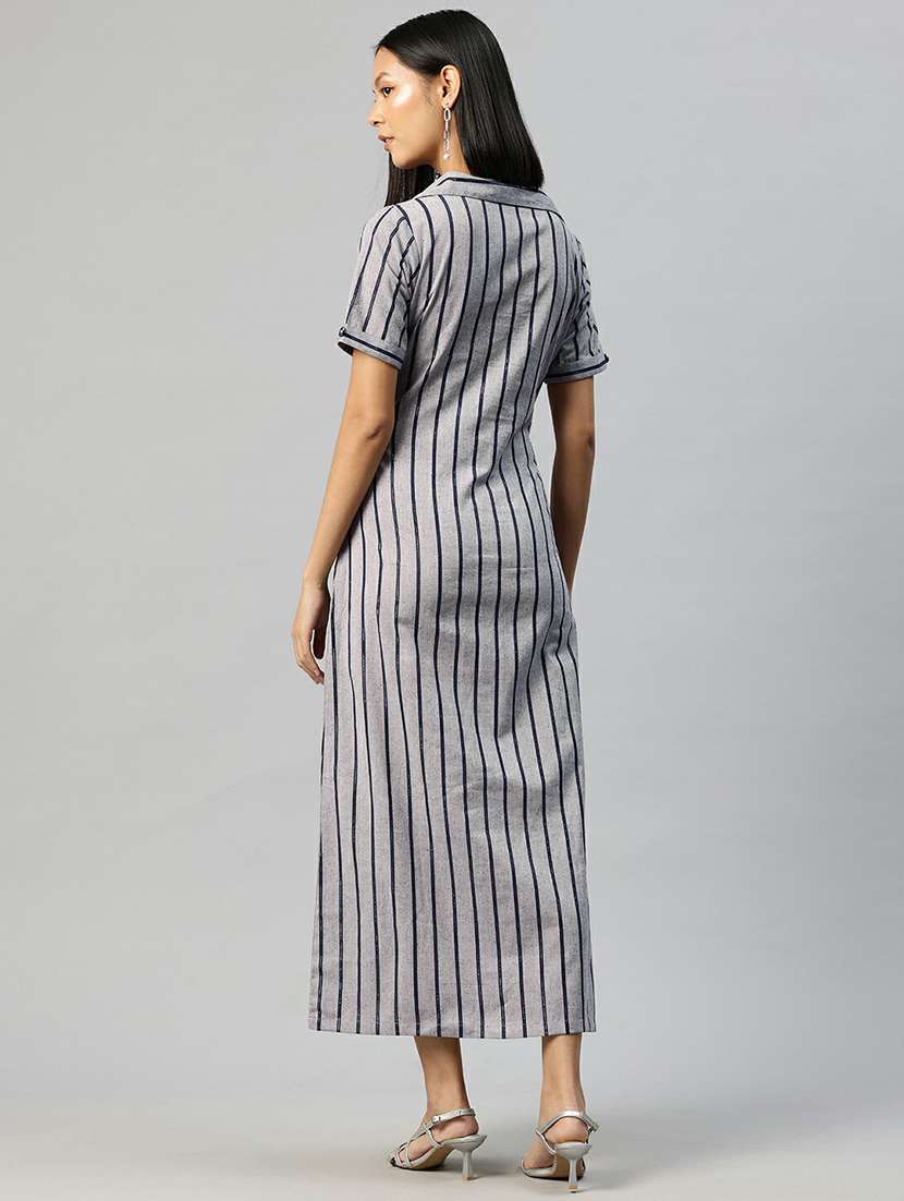 women grey stripes shirt collar neck straight dress - 21663448 -  Standard Image - 4