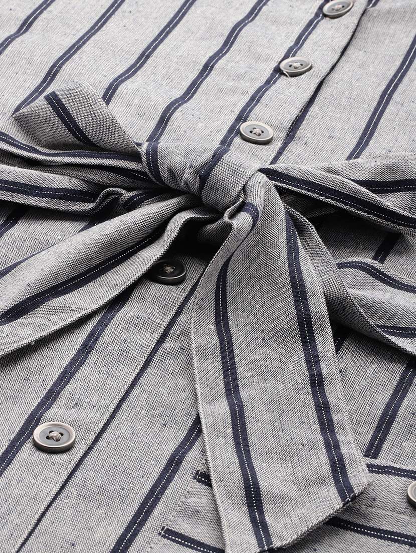 women grey stripes shirt collar neck straight dress - 21663448 -  Standard Image - 6