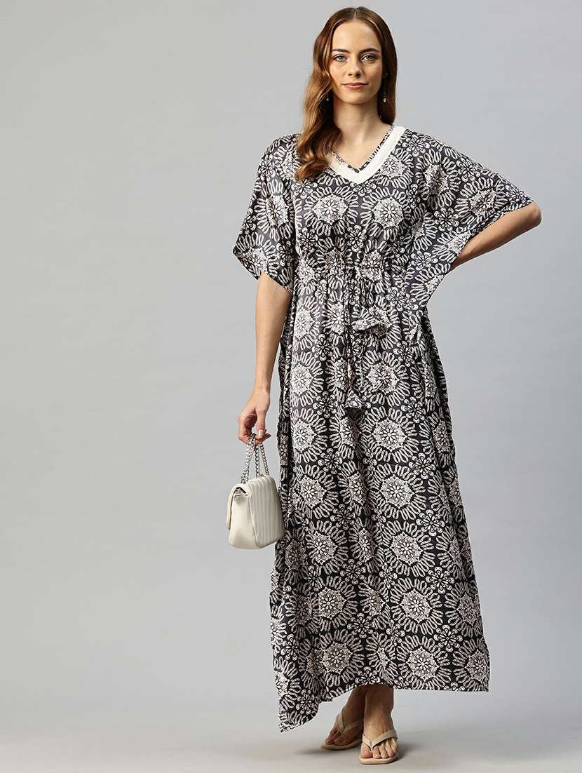 women v-neck printed kaftan dress