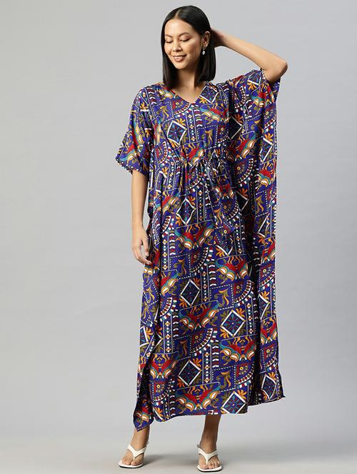 women blue printed v neck kaftan dress - 21663453 -  Standard Image - 0
