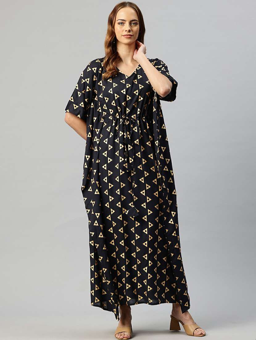women v-neck printed kaftan dress