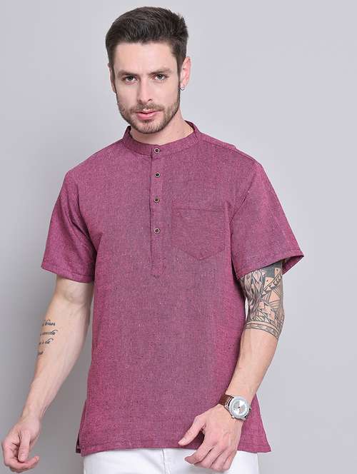 men pink solid mandarin neck short kurta - 21663467 - Standard Image - 0