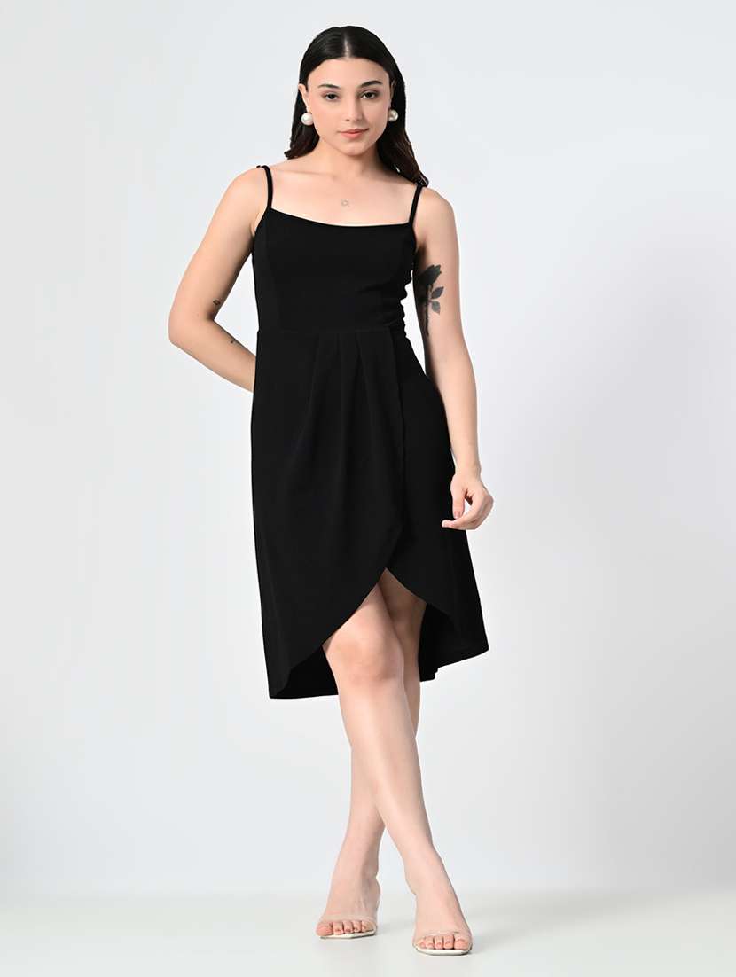 women solid shoulder strap neck high low dress - 21663691 -  Standard Image - 1