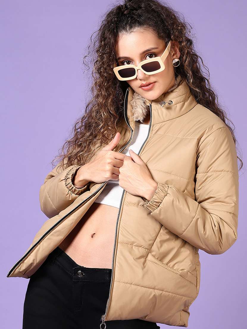 women solid long sleeves puffer jacket - 21663725 -  Standard Image - 1