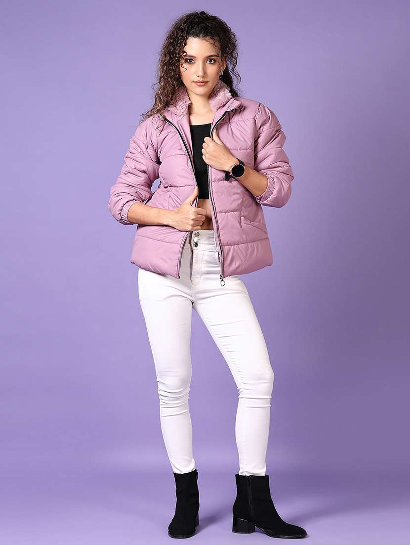 women solid long sleeves puffer jacket - 21663726 -  Standard Image - 4