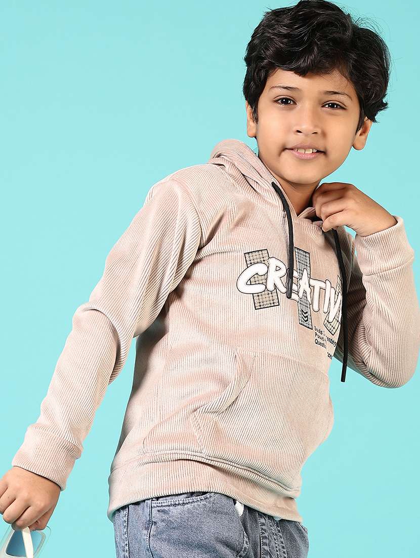 boys beige front print hooded sweatshirt