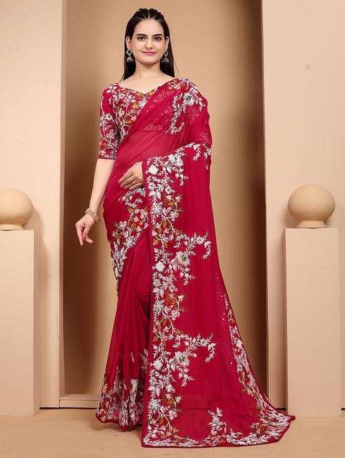 women pink embroidered saree with blouse - 21663924 -  Standard Image - 0