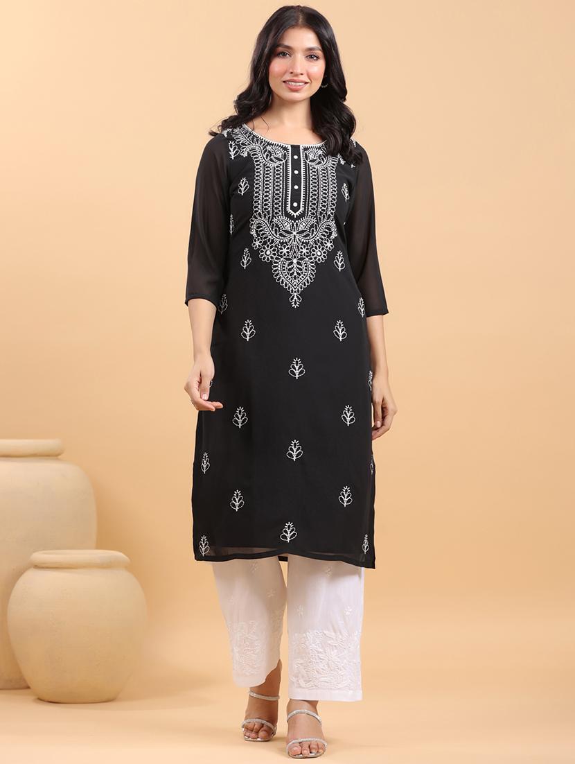 women embroidered three quarter sleeve straight kurta - 21663983 - Zoom Image - 0