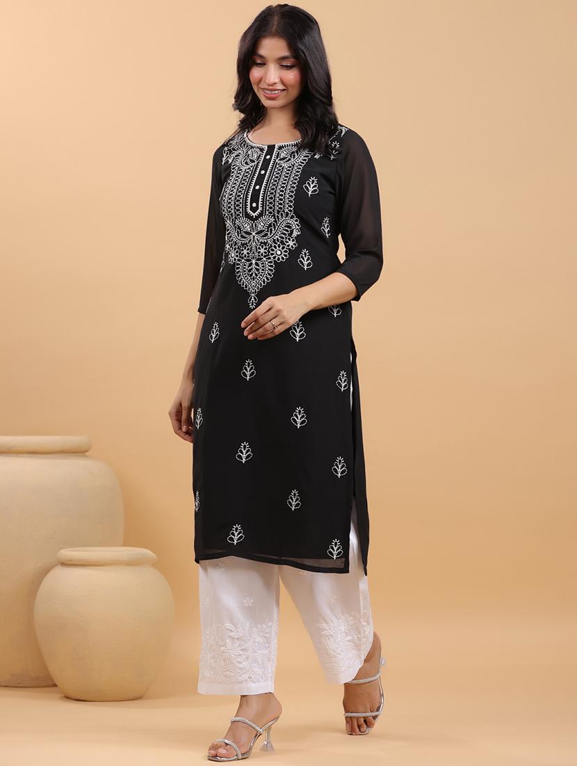 women embroidered three quarter sleeve straight kurta - 21663983 -  Standard Image - 1