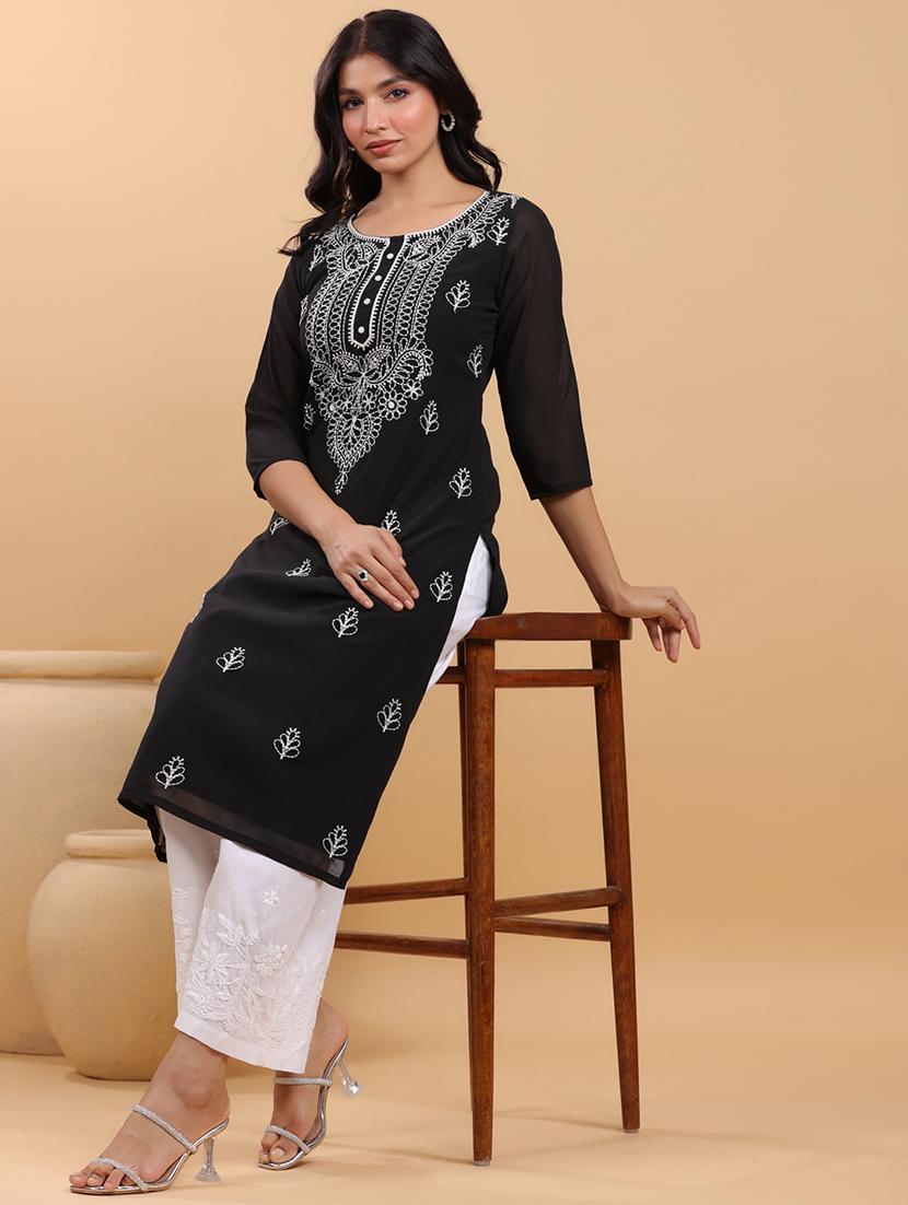 women embroidered three quarter sleeve straight kurta - 21663983 - Standard Image - 4