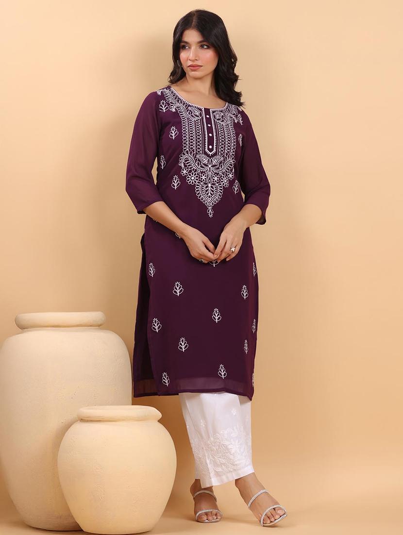 women embroidered three quarter sleeve straight kurta - 21663984 - Standard Image - 1