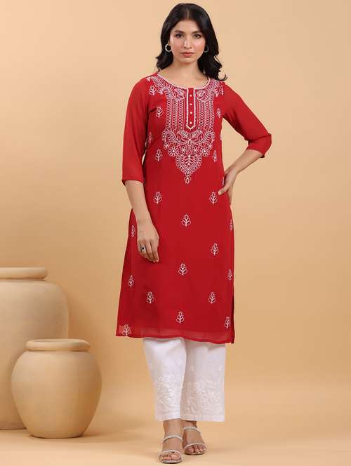 women embroidered three quarter sleeve straight kurta - 21663986 -  Standard Image - 0