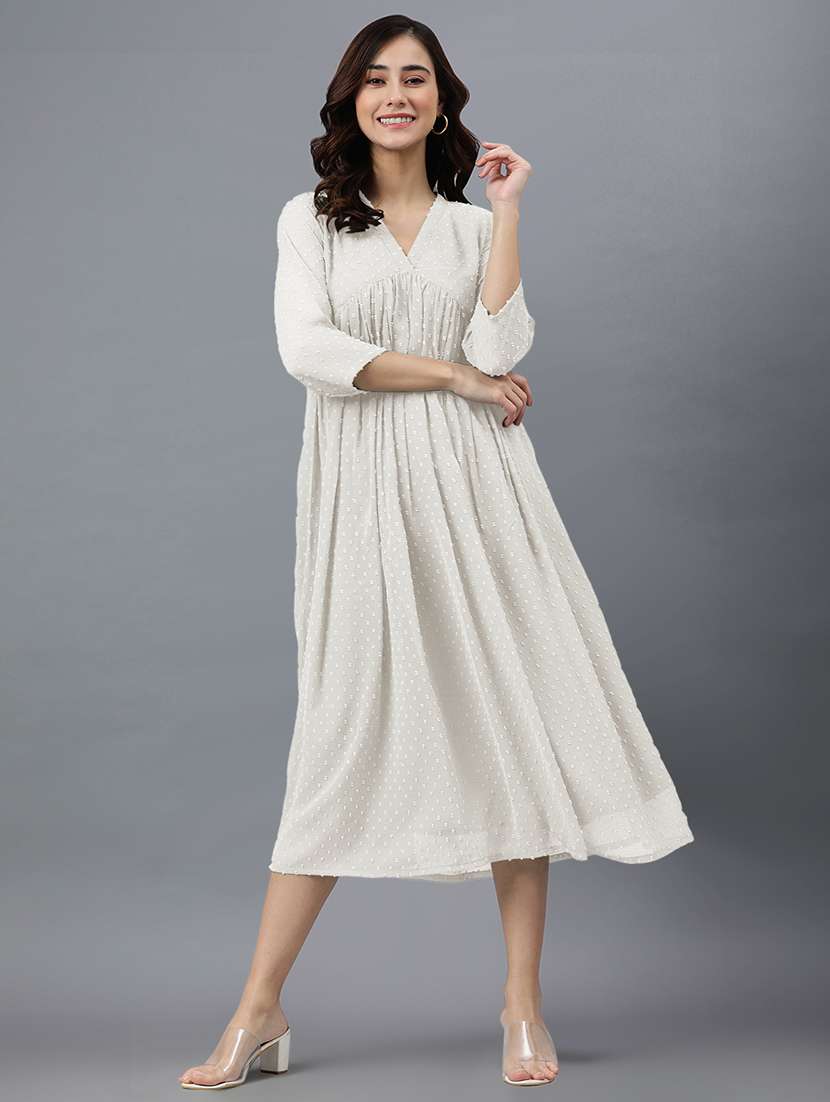 women off white self design fit & flare dress