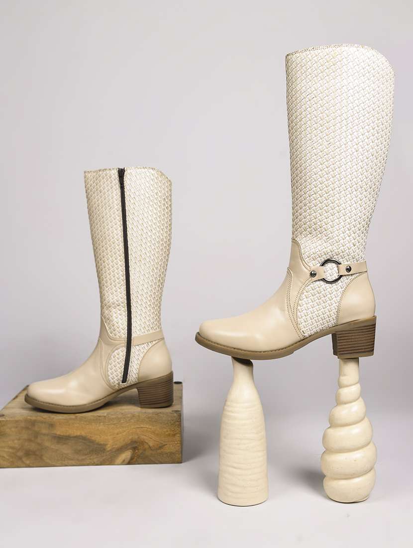 women cream textured knee length boot
