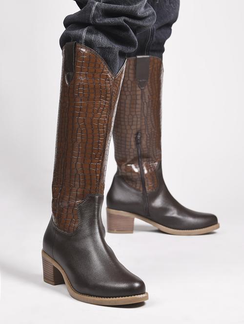 women brown textured knee length boot - 21664013 - Standard Image - 0
