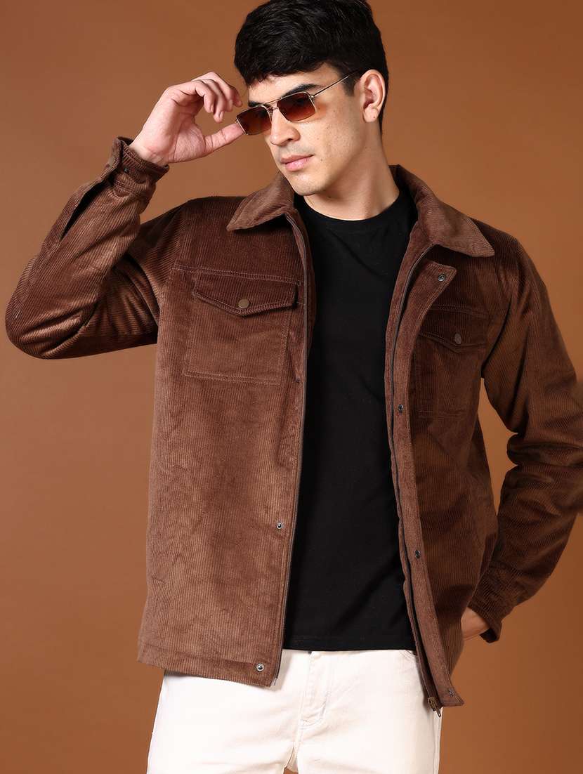 men brown solid long sleeve shacket - 21664501 -  Standard Image - 1