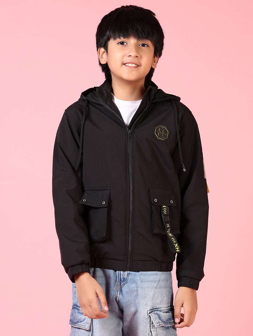 boys black hooded solid bomber jacket
