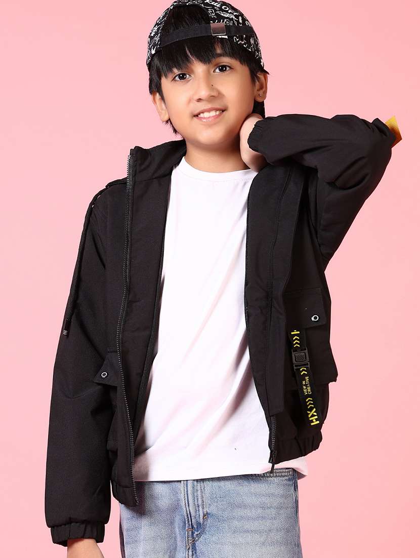 boys black hooded solid bomber jacket - 21664513 -  Standard Image - 1