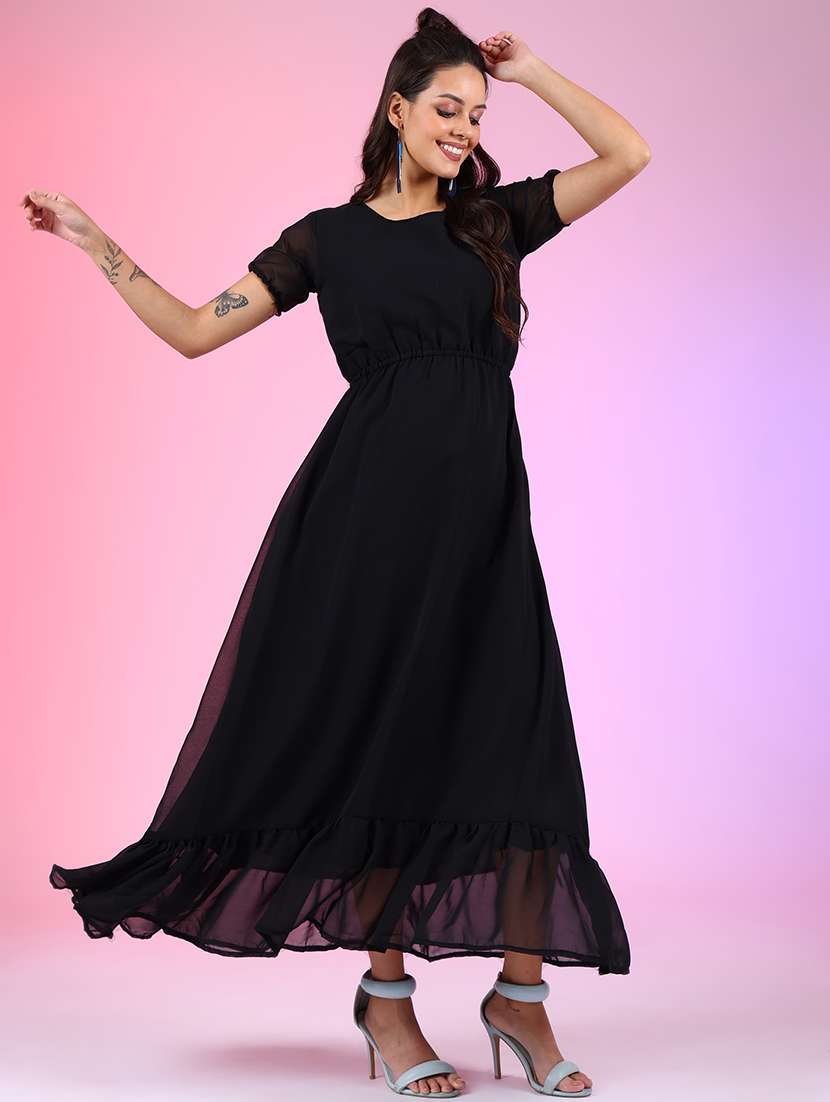 women black solid round neck fit & flare dress - 21664691 - Zoom Image - 0