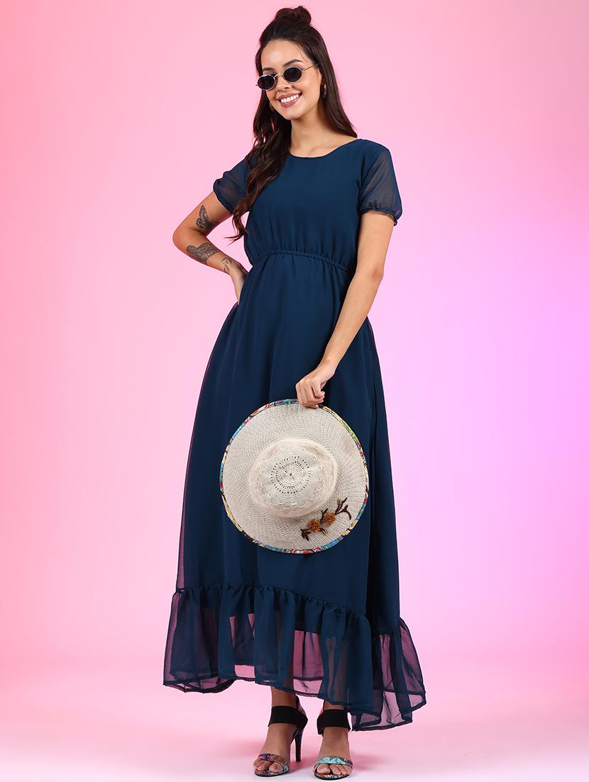 women blue solid round neck fit & flare dress - 21664692 -  Zoom Image - 0
