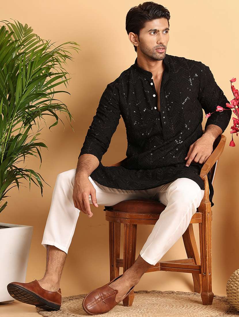 men mandarin neck sequined kurta pyjama set - 21664822 - Standard Image - 1