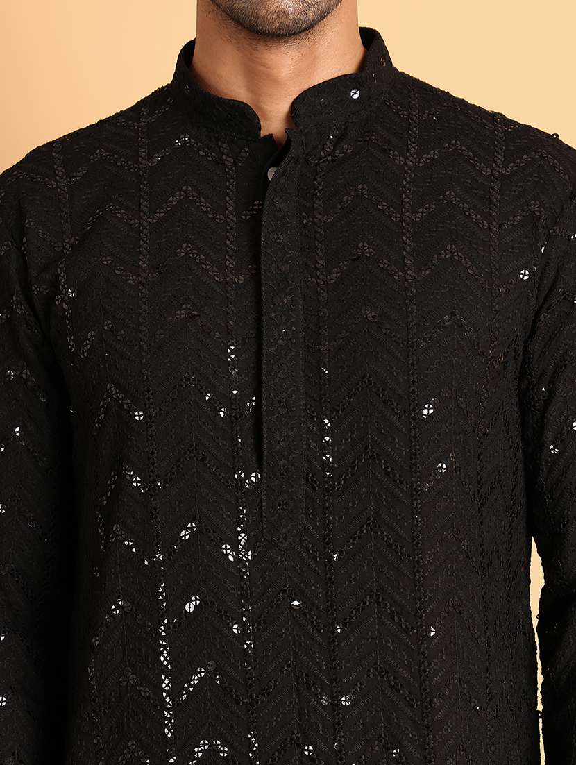 men mandarin neck sequined kurta pyjama set - 21664822 - Standard Image - 4