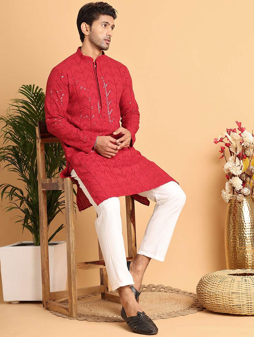 men mandarin neck sequined kurta pyjama set - 21664824 -  Standard Image - 1