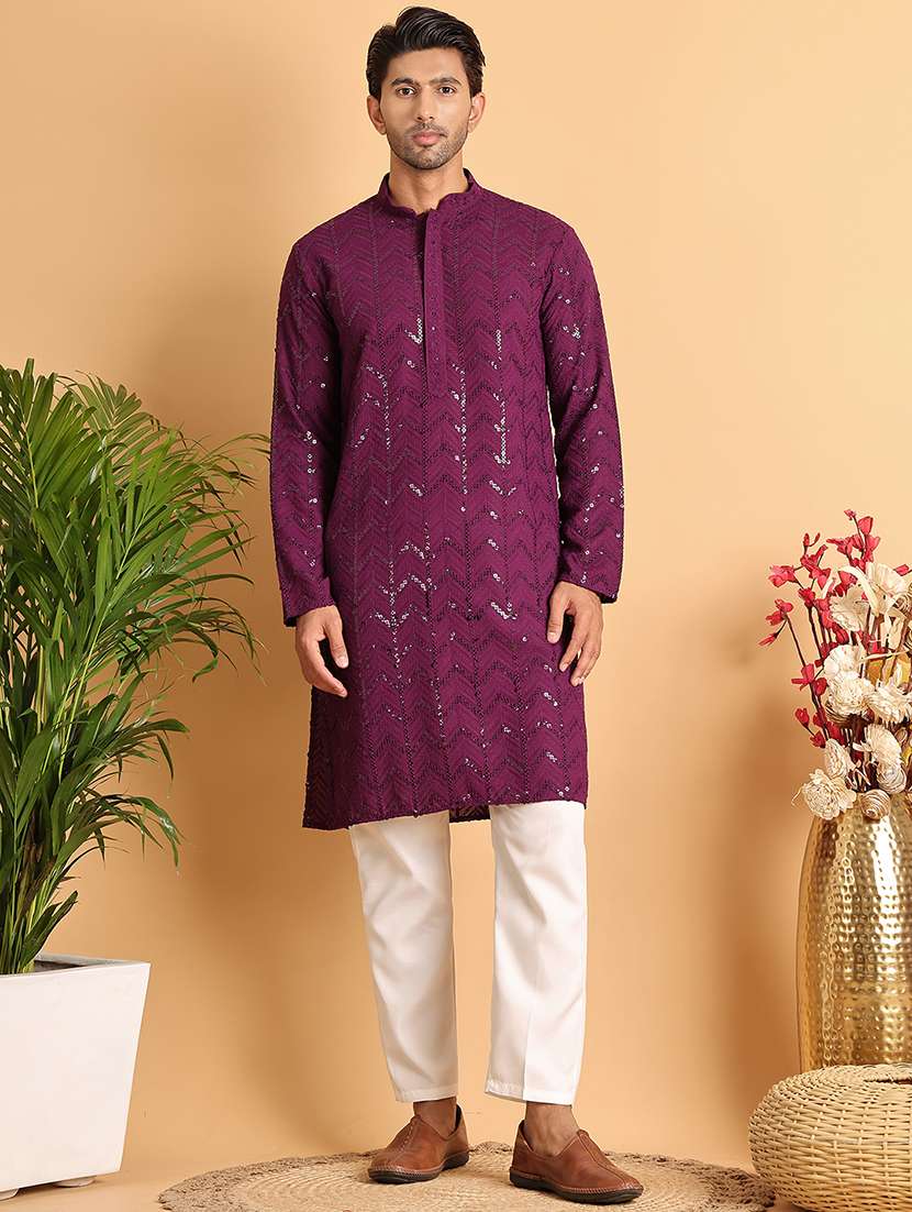 men mandarin neck sequined kurta pyjama set