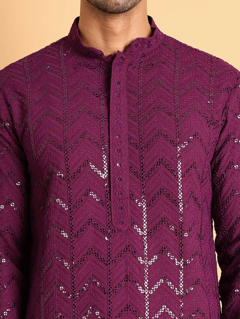 men mandarin neck sequined kurta pyjama set - 21664825 -  Standard Image - 4