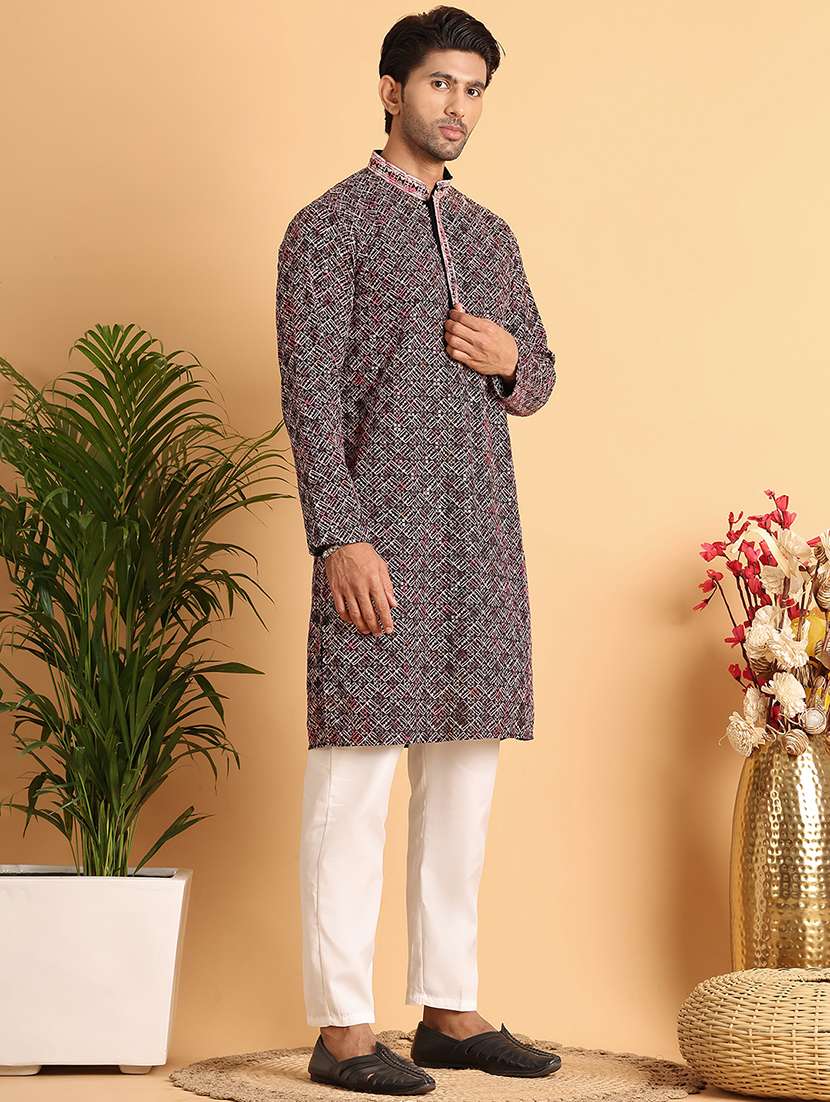 men mandarin neck embroidered kurta pyjama set - 21664857 -  Standard Image - 1