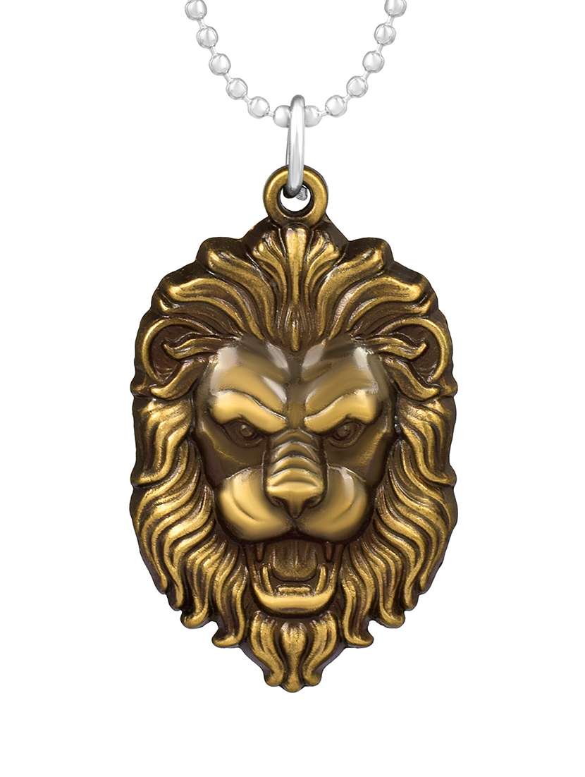 men antique finish gold look lion narsimha tiger head pendant with chain - 21664873 -  Standard Image - 1