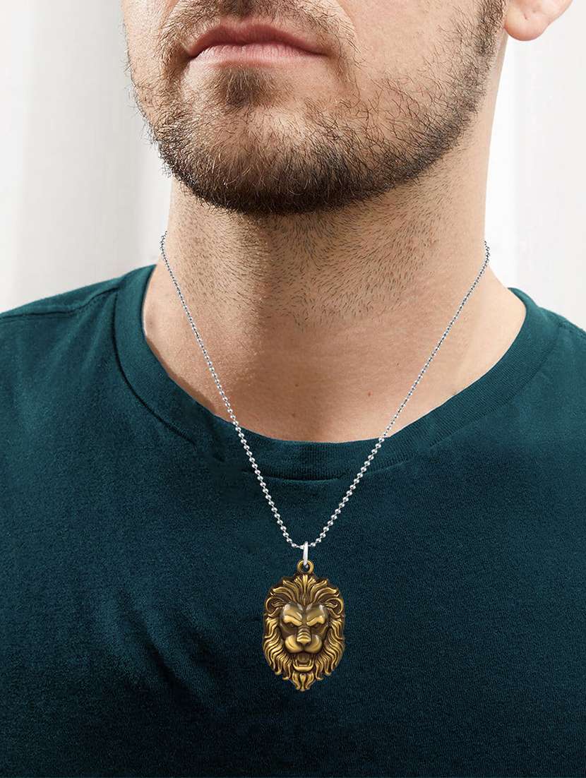 men antique finish gold look lion narsimha tiger head pendant with chain - 21664873 -  Standard Image - 4