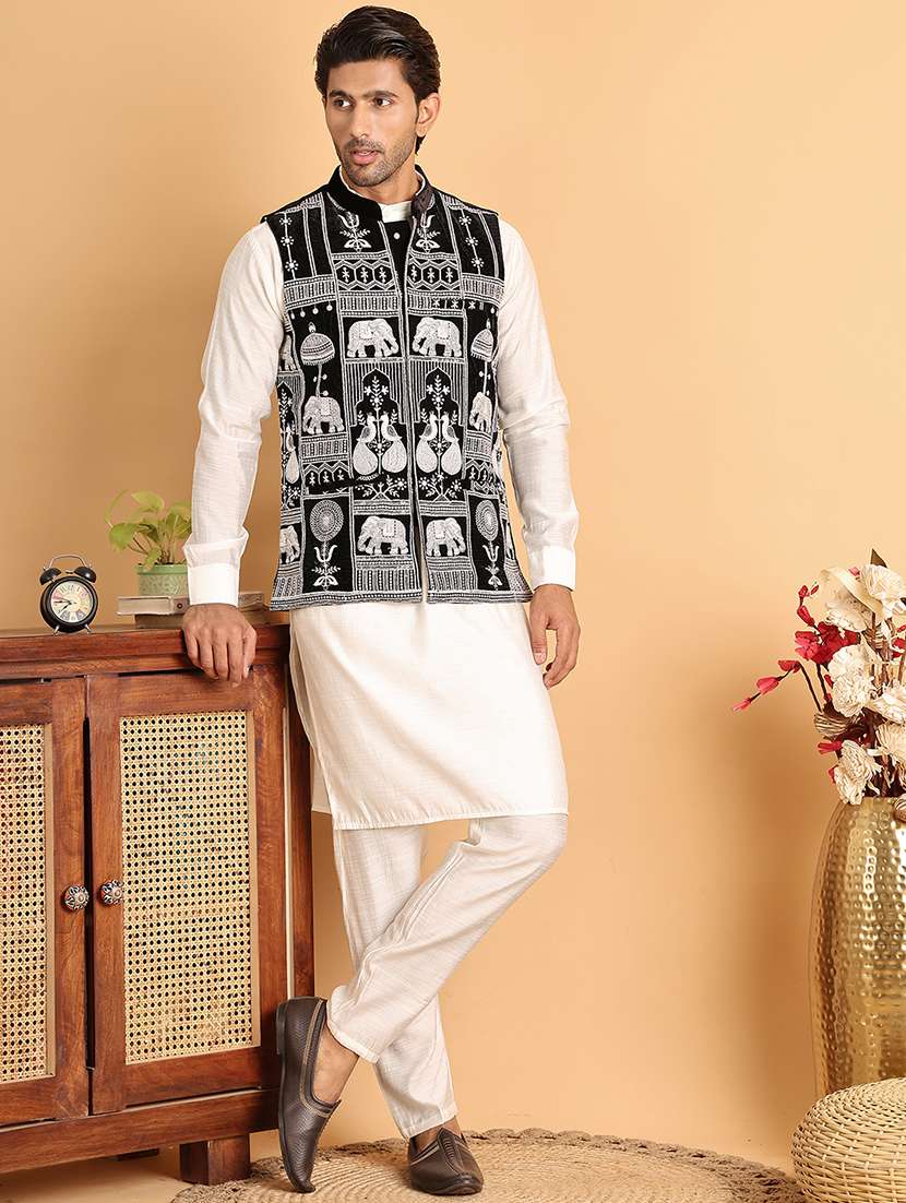 men black embroidered nehru jacket - 21664910 - Standard Image - 1