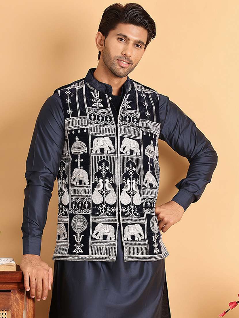 men blue embroidered nehru jacket - 21664911 -  Standard Image - 1