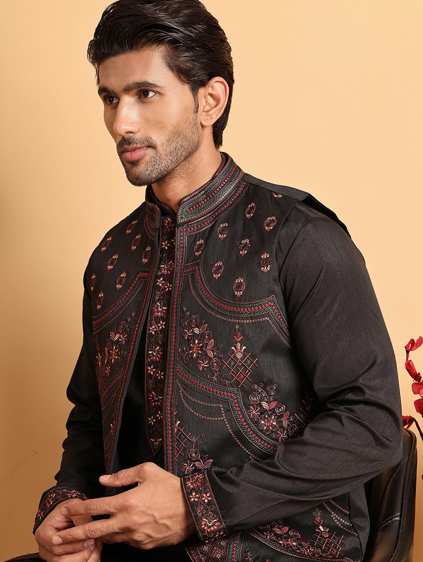 men black embroidered nehru jacket - 21664912 - Standard Image - 4