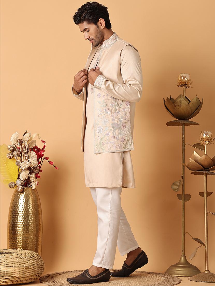 men cream embroidered nehru jacket - 21664914 - Standard Image - 1