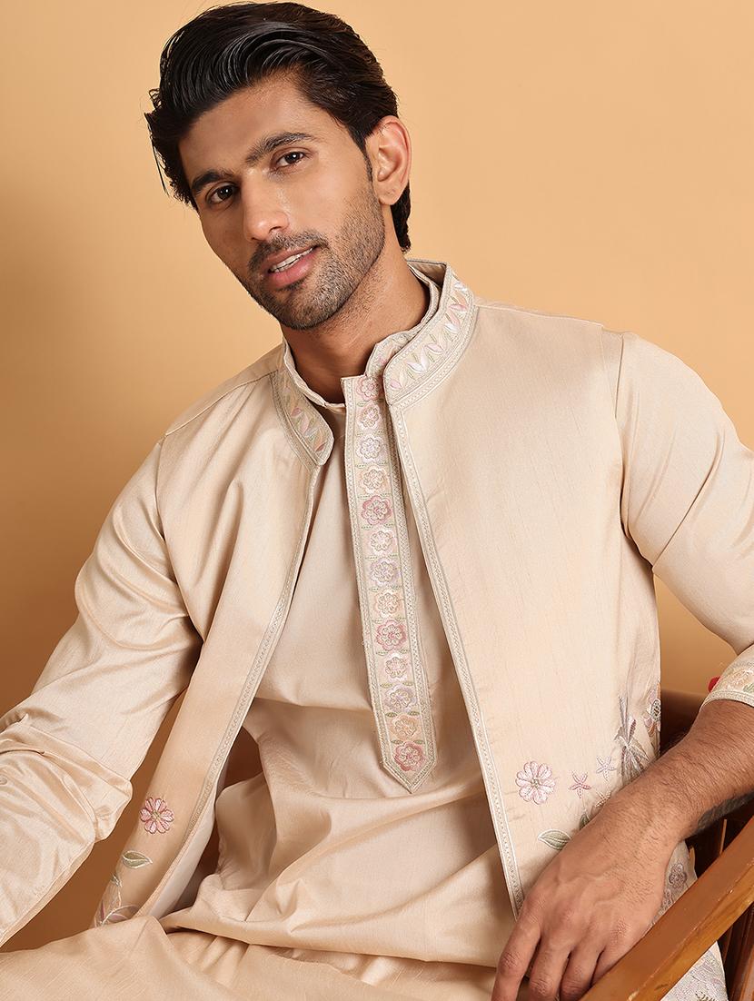 men cream embroidered nehru jacket - 21664914 - Standard Image - 4